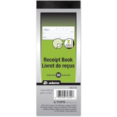 Adams Receipt Book - 35 Sheet(s) - 2 Part - Carbonless Copy - 2.75" (69.85 mm) x 6.68" (169.67 mm) Form Size - White, Yellow - 1 Each BILINGUAL CARBONLESS 2 3/4" X 7 3/16"