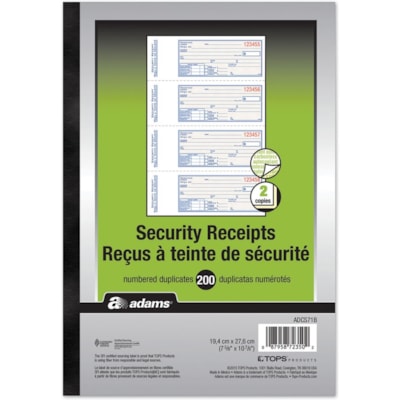 Adams Security Receipt Book - 200 Sheet(s) - 2 Part - Carbonless Copy - 2.75" (69.85 mm) x 7.12" (180.85 mm) Form Size - White, Yellow - 1 Each 2PT 200 DUPLICATES  CARBONLESS BILINGUAL 7-5/8" X 10-7/8"