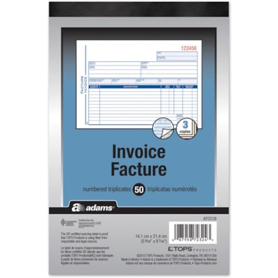 Adams Invoice Form Book - Twin Wirebound - 3 Part - 5.56" (141.22 mm) x 8.43" (214.12 mm) Form Size - White, Yellow - 1 Each 5 9/16" X 8 7/16"  50/PAD 