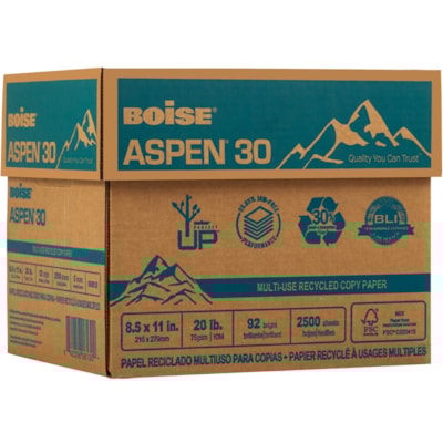 Aspen - Papier recyclé X-9 - 92 Luminosité - format lettre - 8 1/2 po (215,90 mm) x 11 po (279,40 mm) - 20 lb (9071,85 g) Poids de Base - Lisse - Sustainable Forestry Initiative (SFI) - Sans bourrage, Sans acide - Blanc - 2500 / Carton 30 % MAT. RECYC. POSTCONSOMM. 20 LB  BRILLANCE 92  2 500/CS