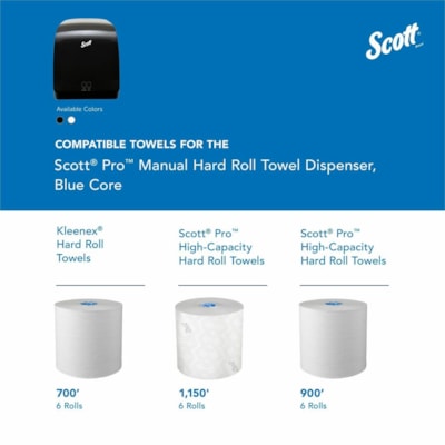 Scott Pro Manual Hard Roll Towel Dispenser - Roll Dispenser - 16.44" (417.58 mm) Height x 12.66" (321.56 mm) Width x 9.18" (233.17 mm) Depth - Black - Translucent, Durable, Key Lock - 1 Each BLACK WITH BLUE CORE 