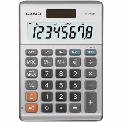 Casio MS80 Desktop Solar Tax Calculator - Extra Large Display, Dual Power, Rubber Feet, Key Rollover, 3-Key Memory, Sign Change, Easy-to-read Display, Independent Memory - Battery, Solar Powered - 5.8" (147 mm) Height x 4.1" (103 mm) Width x 1.1" (29 mm) Depth - Metal, Plastic - 1 Each 8 DIGIT  LARGE LCD DISPLAY TAX AND CURRENCY