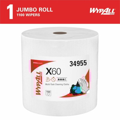 Wypall - Nettoyant tout usage 34955 - longueur de 12,20 po (309,88 mm) x largeur de 12,40 po (314,96 mm) - Absorbant, Léger, Résistant aux solvants, Résistance à l'humidité, Sans résidus - Blanc - 1100 / Rouleau  RL.  JUMBO  1100 CT  12-1/2''  X 13-2/5''  BLANC D