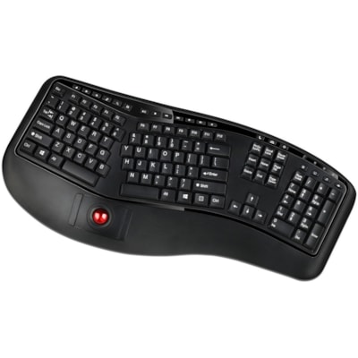 Adesso 2.4 GHz Wireless Ergonomic Trackball Keyboard - Wireless Connectivity - RF - 30 ft (9144 mm) - 2.40 GHz - USB Interface - 105 Key(s) - Next Track, Previous Track, Refresh, Search, Forward, Wake-up, Play/Pause, Volume Up, My Computer, Mute, Sleep, ... Hot Key(s) - English (US) - QWERTY Layout  s Media Ergonomic Trackball ke yboard with 20 windo