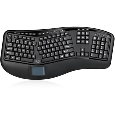 Adesso 2.4GHz Wireless Ergonomic Touchpad Keyboard - Wireless Connectivity - RF - 30 ft (9144 mm) - 2.40 GHz - USB Interface - 105 Key(s) - 20 Hot Key(s) - Previous Track, Next Track, Play/Pause, Volume Up, Volume Down, Mute, Forward, Search, Wake-up, My Computer, Sleep, ... Hot Key(s) - Windows 10, m Media 3D  Ergonomic  Touchpa d Keyboard  with  sp