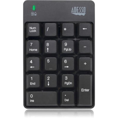 Adesso Wireless Spill Resistant 18-Key Numeric Keypad - Wireless Connectivity - RF - 30 ft (9144 mm) - 2.40 GHz - USB Interface - 18 Key(s) - Windows 10, Windows 8, Windows 7 - English (US) - Computer - PC - Membrane Keyswitch - AAA Battery Size Supported - Black t 18-Key Numeric Keypad 