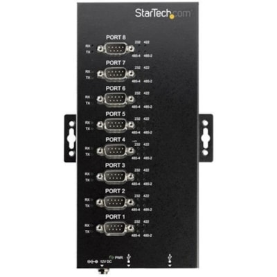 StarTech.com USB to RS232/RS485/RS422 8 Port Serial Hub Adapter - Industrial Metal USB 2.0 to DB9 Serial Converter - Din Rail Mountable - Industrial 8 port serial hub 15kV Level 4 ESD - IP30 rating Metal USB to serial adapter converter w/ each DB9 port set to RS232/RS422/RS485(2wire/4wire) baud rate 5kV Level 4 ESD - IP30 rating Metal USB to serial