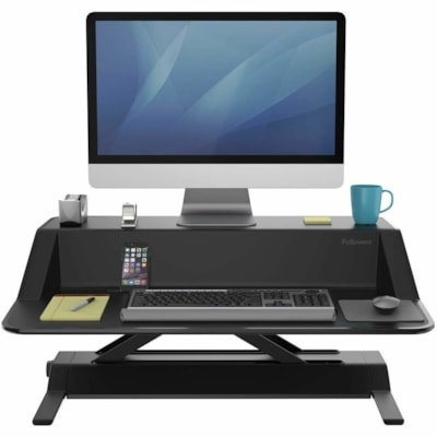 Fellowes Lotus Multipurpose Desktop Riser - 35 lb (15875.73 g) Load Capacity - 5.50" (139.70 mm) Height x 32.70" (830.58 mm) Width x 24.20" (614.68 mm) Depth - Desk - Plastic, Steel - Black - For Workstation, Tablet, Smartphone, Accessories, Keyboard - Sit-stand, Ergonomic Handle, Cable Management  Workstation 