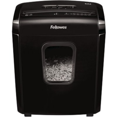 Fellowes Powershred® 6M Micro Cut Shredder - NA - Continuous Shredder - Micro Cut - 6 Per Pass - for shredding Staples, Credit Card, Paper Clip, Paper - 0.2" (3.97 mm) x 0.5" (12.70 mm) Shred Size - P-4 - 8.7" (220.98 mm) Throat - 7 Minute Run Time - 13.25 L Wastebin Capacity - Black P4. 8 75" THROAT. 3.5 GAL 5 MIN ON/30 MIN OFF.300' T/PUT