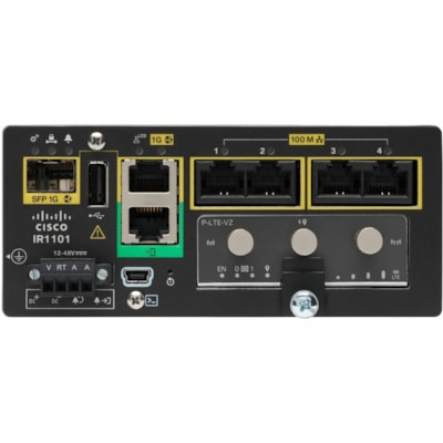 Cisco Catalyst IR1101 Router - 5 Ports - 4 RJ-45 Port(s) - 1 WAN Port(s) - Management Port - 1 SFP Slots - 4 GB - Gigabit Ethernet - IEEE 802.1Q, IEEE 802.1D - Wall Mountable, Panel Mount, DIN Rail - 5 Year  PERP 