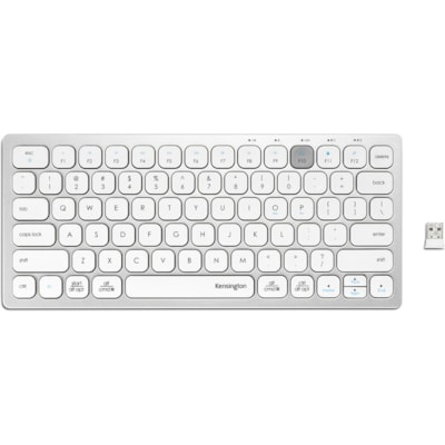 Kensington Multi-Device Dual Wireless Compact Keyboard - Wireless Connectivity - Bluetooth/RF - 2.40 GHz - Multimedia Hot Key(s) - Computer, Tablet, Mobile Phone - Windows, Mac OS, ChromeOS, iOS - Scissors Keyswitch - AAA Battery Size Supported - Silver pact Keyboard - Silver 