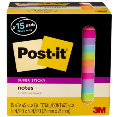 Post-it® Super Sticky Notes - 15 - 3" (76.20 mm) Flag/Note Width x 3" (76.20 mm) Flag/Note Length - Square - 45 Sheets per Pad - Neon Orange, Tropical Pink, Power Pink, Iris, Blue Paradise, Neon Green Limeade - Adhesive, Recyclable - 15 / Pack 654-15SSCP  ASSORTED COLORS 3 IN X 3 IN CABINET PACK
