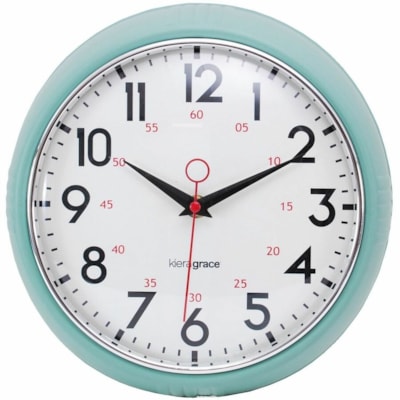 Kiera Grace Wall Clock - White Main Dial - Seafoam Case - Retro Style BEZEL CONVEX GLASS LENS-GREEN COLOUR TRAY BOX