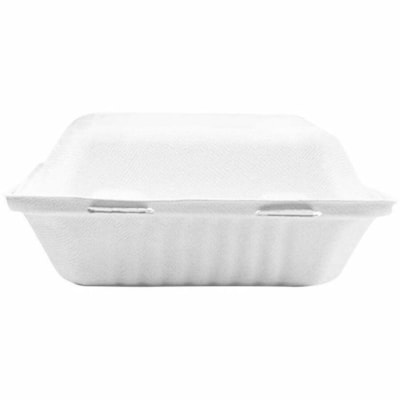 Globe - Boîte de stockage 6016 - Alimentaire, Stockage des aliments - Jetable - Adapté au micro-ondes - Oven Safe - Blanc - Fibre de canne à sucre, Bagasse Corps - 200 / Étui 9 X 9 PO  COUVERCLE ARTICULÉ COMPOSTABLES