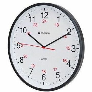 Grand & Toy 12/24-Hour 12" Wall Clock - Analog - Quartz - White, Black Main Dial NON-TICKING- BLACK 0.75" DEEP