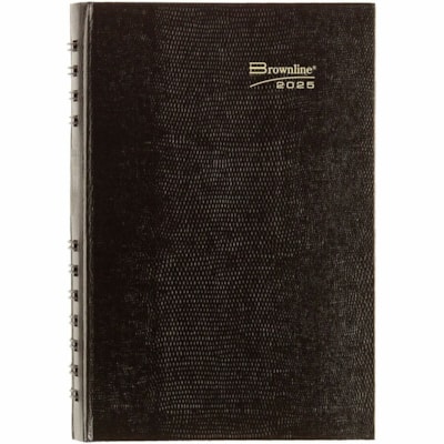 Brownline CoilPro Hard Cover Daily Appointment Book / Monthly Planner - Daily - 1 Year - January 2025 to December 2025 - 7:00 AM to 7:30 PM - Half-hourly - 1 Day Single Page Layout - 5" (127 mm) x 8" (203.20 mm) Sheet Size - Twin Wire - Black - Pocket, Phone Directory, Address Directory, Laminated -  