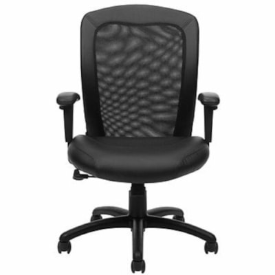 Realspace Chair - Black Leather, Bonded Leather, Plastic Seat - Mesh Back - Black Frame - Mid Back - Black - Plastic, Metal, Vinyl - Armrest - 50 Unit  