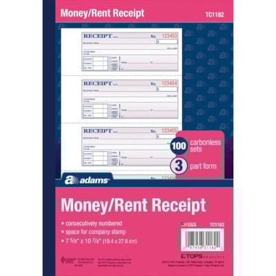 Adams Tapebound 3-part Money Receipt Book - 100 Sheet(s) - Tape Bound - 3 Part - Carbonless Copy - 2.75" (69.85 mm) x 7.62" (193.55 mm) Form Size - White, Canary, Pink - Assorted Sheet(s) - 1 Each CARBONLESS MONEY/RECEIPT BOOKS CANARY & PINK DUPLICATEBEHIND