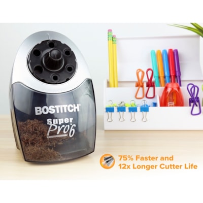 Bostitch Super Pro Commercial Pencil Sharpener - Desktop - 6 Hole(s) - 7.50" (190.50 mm) Height x 5" (127 mm) Width x 9" (228.60 mm) Depth - Gray, Black - 1 Each 12X LONGER CUTTER LIFE 6 SIZE SELECTOR DIAL  SILVER