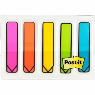 Post-it® - Languettes en forme de flèche dans distributeur portable - Couleurs vives - largeur de drapeau/note 1/2 po (12,70 mm) x longueur de drapeau/note 1 3/4 po (44,45 mm) - Flèche, Rectangulaires - Non ligné - Orange, Rose, Vert, Bleu, Jaune, Eau - Amovible, Autocollant  