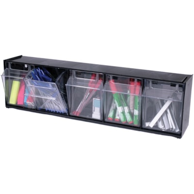 Deflecto Tilt Bin Interlocking Multi-Bin Storage Organizer - 5 Compartment(s) - 6.5" (165.10 mm) Height x 23.6" (600.08 mm) Width x 5.3" (133.35 mm) Depth - Interlockable - Black - Plastic - 1 Each BLACK WITH 5 CLEAR REMOVABLE BINS  MODULAR