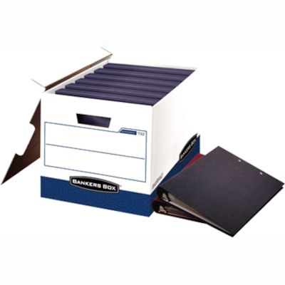 Bankers Box Binderbox(tm) - Binders - Internal Dimensions: 12.25" (311.15 mm) Width x 18.50" (469.90 mm) Depth x 12" (304.80 mm) Height - External Dimensions: 13.1" (333.50 mm) Width x 20.1" (511.30 mm) Depth x 12.4" (314.45 mm) Height - Media Size Supported: Legal, Letter - 8 x Binder - Lift-off STORAGE OF BINDERS 65% RECYCLED  59% PCW