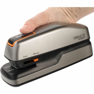 Swingline Optima Grip Electric Stapler - Staples Upto 20 Sheet of 20lb Paper - Holds Upto 105 Staple - Half Strip - Staple Size: 1/4" (6.35 mm) - 0.38" (9.53 mm) Throat Depth - 4 x AA Battery Included - Silver, Black - Plastic - 1 Each 20 SHT CAPACITY  SILVER/BLACK USES 35556 STAPLES