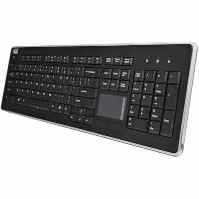 Adesso Wireless Desktop Touchpad Keyboard - Wireless Connectivity - RF - 30 ft (9144 mm) - 2.40 GHz - USB Interface - 104 Key(s) - On/Off Switch Hot Key(s) - English (US) - QWERTY Layout - Desktop Computer - TouchPad - Membrane Keyswitch - AAA Battery Size Supported - Black top Touchpad Keyboard ard (glazing black c