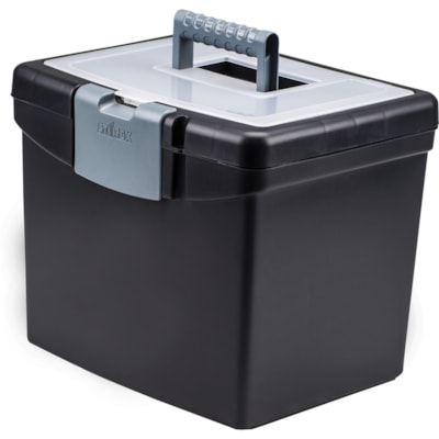 Storex Portable File Box with Top Organizer - Media Size Supported: Letter - Stackable - Plastic - Clear - For File, Folder - Recycled - 1 Each WITH ORGANIZER TOP - LETTER BLACK  50% POST CONSU. RECYCLD