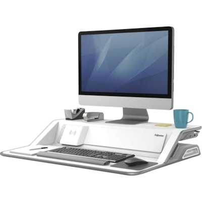 Fellowes Lotus DX Sit-Stand Workstation - 35 lb (15875.73 g) Load Capacity - 5.50" (139.70 mm) Height x 32.75" (831.85 mm) Width x 24.25" (615.95 mm) Depth - White - Antimicrobial and Workstation 