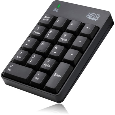 Adesso Wireless Spill Resistant 18-Key Numeric Keypad - Wireless Connectivity - RF - 30 ft (9144 mm) - 2.40 GHz - USB Interface - 18 Key(s) - Windows 10, Windows 8, Windows 7 - English (US) - Computer - PC - Membrane Keyswitch - AAA Battery Size Supported - Black t 18-Key Numeric Keypad 