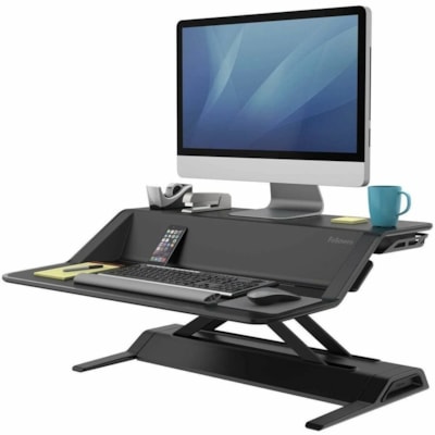 Fellowes Lotus Multipurpose Desktop Riser - 35 lb (15875.73 g) Load Capacity - 5.50" (139.70 mm) Height x 32.70" (830.58 mm) Width x 24.20" (614.68 mm) Depth - Desk - Plastic, Steel - Black - For Workstation, Tablet, Smartphone, Accessories, Keyboard - Sit-stand, Ergonomic Handle, Cable Management  Workstation 