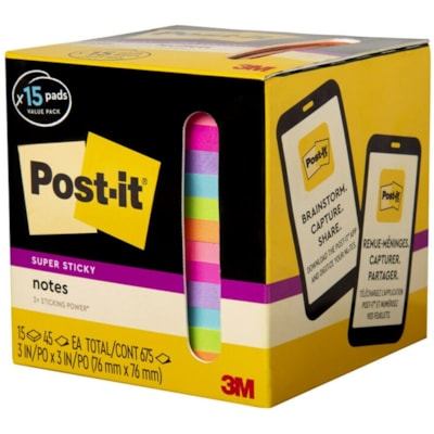 Post-it® Super Sticky Notes - 15 - 3" (76.20 mm) Flag/Note Width x 3" (76.20 mm) Flag/Note Length - Square - 45 Sheets per Pad - Neon Orange, Tropical Pink, Power Pink, Iris, Blue Paradise, Neon Green Limeade - Adhesive, Recyclable - 15 / Pack 654-15SSCP  ASSORTED COLORS 3 IN X 3 IN CABINET PACK