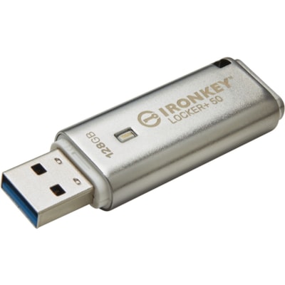 IronKey Locker+ 50 USB Flash Drive - 128 GB - USB 3.2 (Gen 1) Type A - 145 MB/s Read Speed - 115 MB/s Write Speed - Silver - XTS-AES, 256-bit AES - 5 Year Warranty   EXT 