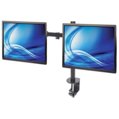 Manhattan TV & Monitor Mount, Desk, Full Motion, 2 Screens, Screen Sizes: 10-27" , Black, Clamp Assembly, Dual Screen, VESA 75x75 to 100x100mm, Max 8kg (each), Lifetime Warranty - Holds Two 13" to 32" LCD Monitors up to 8 kg (17 lbs.), Black, packaging type: retail box or Mount with Double-Link Swin g Arms Holds Two 13i