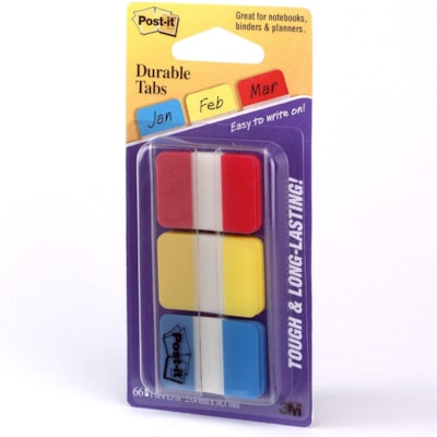 Post-it® - Onglets Durables - Inscriptibe Onglet(s) - hauteur de l'onglet 0,98 po (25 mm) x largeur de l'onglet 1 po (25,40 mm) - Autocollant, Amovible - Tab(s) Rouge, Jaune, Bleu, Néon - Résistant à l'usure, Résistant aux déchirures, Résistants, Inscripti POST-IT AMOVIBLES  JAUNE/ROUGE /BLEU-22 PAR COUL. 66 AU TOTAL