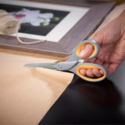 Westcott 8" Titanium Bonded Scissors - 3.50" (88.90 mm) Cutting Length - 8" (203.20 mm) Overall Length - Straight-left/right - Titanium - Straight Tip - Gray/Yellow - 1 Each NON CORROSIVE LIFETIME WARRANT CONTOURED SOFT GRIP