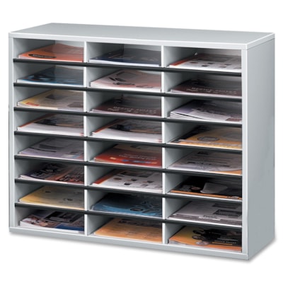 Fellowes 24-Compartment Sorter Literature Organizer - 24 Compartment(s) - Compartment Size : 2.50" (63.50 mm) x 9" (228.60 mm) x 11.63" (295.27 mm) - 23.4" (595.38 mm) Height x 29" (736.60 mm) Width x 11.9" (301.75 mm) Depth - Corrugated - Melamine - Dove Gray - Fiberboard, Wood - 1 Each DOVE GREY 29WX11-7/8DX23-7/16H SELF ADHESIVE LABELS INCLUDED