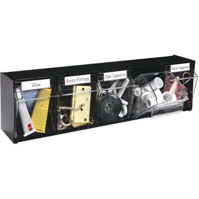Deflecto Tilt Bin Interlocking Multi-Bin Storage Organizer - 5 Compartment(s) - 6.5" (165.10 mm) Height x 23.6" (600.08 mm) Width x 5.3" (133.35 mm) Depth - Interlockable - Black - Plastic - 1 Each BLACK WITH 5 CLEAR REMOVABLE BINS  MODULAR