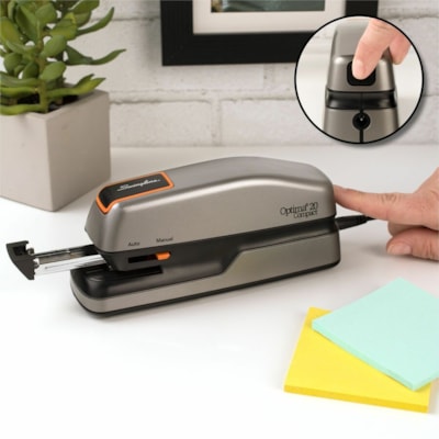 Swingline Optima Grip Electric Stapler - Staples Upto 20 Sheet of 20lb Paper - Holds Upto 105 Staple - Half Strip - Staple Size: 1/4" (6.35 mm) - 0.38" (9.53 mm) Throat Depth - 4 x AA Battery Included - Silver, Black - Plastic - 1 Each 20 SHT CAPACITY  SILVER/BLACK USES 35556 STAPLES