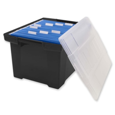 Storex File Tote - External Dimensions: 14.5" Width x 11" Depth x 18" Height - 30 lb - Media Size Supported: Legal, Letter - Snap-tight Closure - Heavy Duty - Stackable - Plastic - Black, Clear - For File - Recycled HANGING FILES  BLACK PLASTIC 