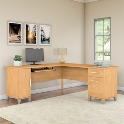 Bush Somerset 72W L Shaped Desk with Storage - 2 x Box, File Drawer(s) - 1 Adjustable Shelf(ves) - Material: Laminate - Finish: Maple Cross - Storage Cabinet, Adjustable Shelf, Ball Bearing Slide, Keyboard Tray, Cord Management - For Home Office, Office, Computer, Printer, Keyboard, Notebook, Living  