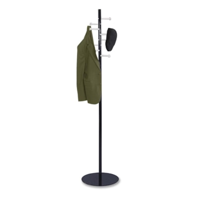 Safco Spiral Nail Head Metal Costumer - 8 Hooks - 80 lb (36287.39 g) Capacity - 67" (1701.80 mm) Height - 4.38" (111.13 mm), 5.38" (136.53 mm) Size - for Garment - Steel - Black, Silver - 1 Each BLACK 8 BRUSHED ALUM HOOKS 