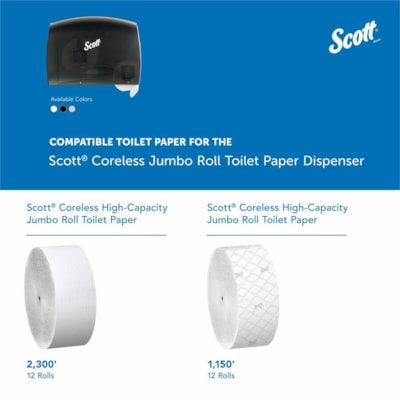 Scott Essential Coreless Jumbo Roll Toilet Paper Dispenser - Coreless Dispenser - 1 x Roll - 9.75" (247.65 mm) Height x 14.25" (361.95 mm) Width x 6" (152.40 mm) Depth - Plastic - Black - Durable - 1 Each E-Z LOAD DISPENSER SMOKED 1/EA 