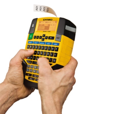 Dymo Rhino 4200 Soft Case Labelmaker Kit - Thermal Transfer - Label, Tape - 0.25" (6.35 mm), 0.37" (9.40 mm), 0.50" (12.70 mm), 0.75" (19.05 mm) - LCD Screen - Battery, Power Adapter - Lithium Ion (Li-Ion) - Battery Included - Yellow, Black - Handheld - QWERTY, Barcode Printing, Hot Key - for Factor  