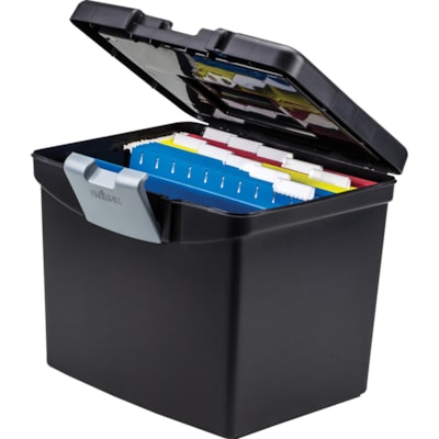 Storex Portable File Box with Top Organizer - Media Size Supported: Letter - Stackable - Plastic - Clear - For File, Folder - Recycled - 1 Each WITH ORGANIZER TOP - LETTER BLACK  50% POST CONSU. RECYCLD