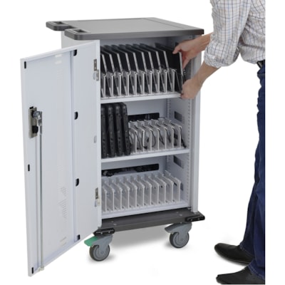 Ergotron YES Basic Charging Cart for Mini-laptops - 3 Shelf - Dual Handle - 60 lb (27215.54 g) Capacity - 4 Casters - 4" (101.60 mm) Caster Size - Steel, Wood - 23.2" (588.52 mm) Width x 41.5" (1054.10 mm) Depth x 23.4" (593.85 mm) Height - Metallic Gray, Polar White - For 36 Devices  o 36 Tablets  Chromebook  and devices of any thick