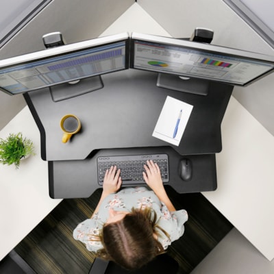 Ergotron WorkFit Corner Standing Desk Converter - Up to 30" Screen Support - 35 lb (15875.73 g) Load Capacity - Desktop, Tabletop - Black - Gas Spring, Lift Mechanism, Keyboard Tray anding Desk Converter - black - Moves without bump