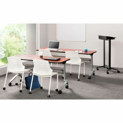 Mayline Flip-N-Go 24 x 72" Rectangular Training Table, LPL - Regal Mahogany Rectangle Top - Silver Base - 150 lb (68.04 kg) Capacity - 72" (1828.80 mm) Table Top Width x 24" (609.60 mm) Table Top Depth x 1.2" (30.48 mm) Table Top Thickness - 29" (736.60 mm) Height x 72" (1828.80 mm) Width x 24" (609 TRAINING TABLE SILVER/MAHOGANY