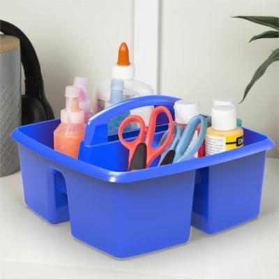 Storex Small Caddy, Blue - 3 Compartment(s) - Compartment Size : 8" (203.20 mm) x 3.50" (88.90 mm) x 3.75" (95.25 mm) - 9.2" (233.68 mm) Height x 9.2" (233.68 mm) Width x 5.2" (132.08 mm) Depth - Handle, Washable, Dishwasher Safe - Blue - Plastic - 6 Pack BLUE 